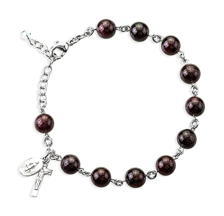 8mm Genuine Garnet Round Rosary Bracelet, Sterling Silver