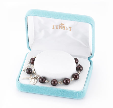 8mm Genuine Garnet Round Rosary Bracelet, Sterling Silver