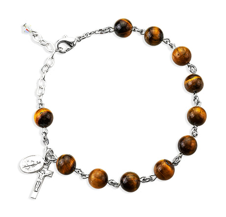 8mm Genuine Tiger Eye Round Rosary Bracelet, Sterling Silver