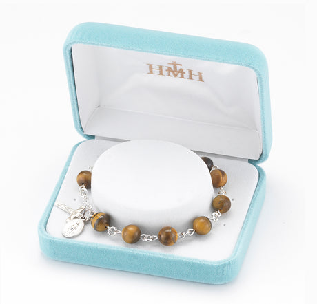 8mm Genuine Tiger Eye Round Rosary Bracelet, Sterling Silver