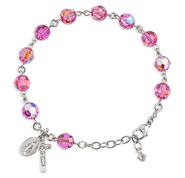 8mm Pink Swarovski Crystal Round Rosary Bracelet, Sterling Silver
