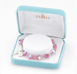 8mm Pink Swarovski Crystal Round Rosary Bracelet, Sterling Silver