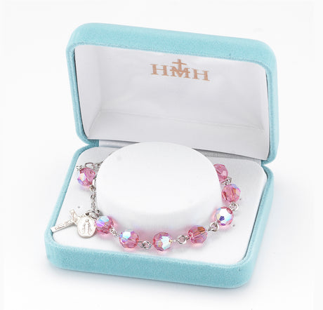 8mm Pink Swarovski Crystal Round Rosary Bracelet, Sterling Silver