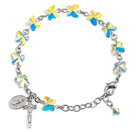 8mm Aurora Borealis Swarovski Crystal Butterfly Rosary Bracelet, Sterling Silver