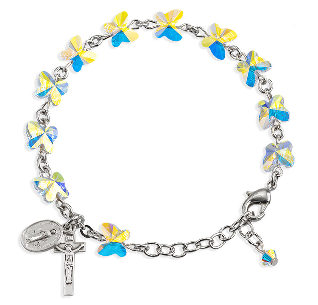 8mm Aurora Borealis Swarovski Crystal Butterfly Rosary Bracelet, Sterling Silver