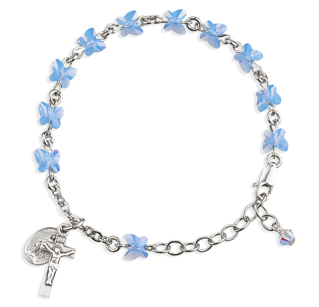 6mm Blue Opal Swarovski Crystal Butterfly Rosary Bracelet, Sterling Silver