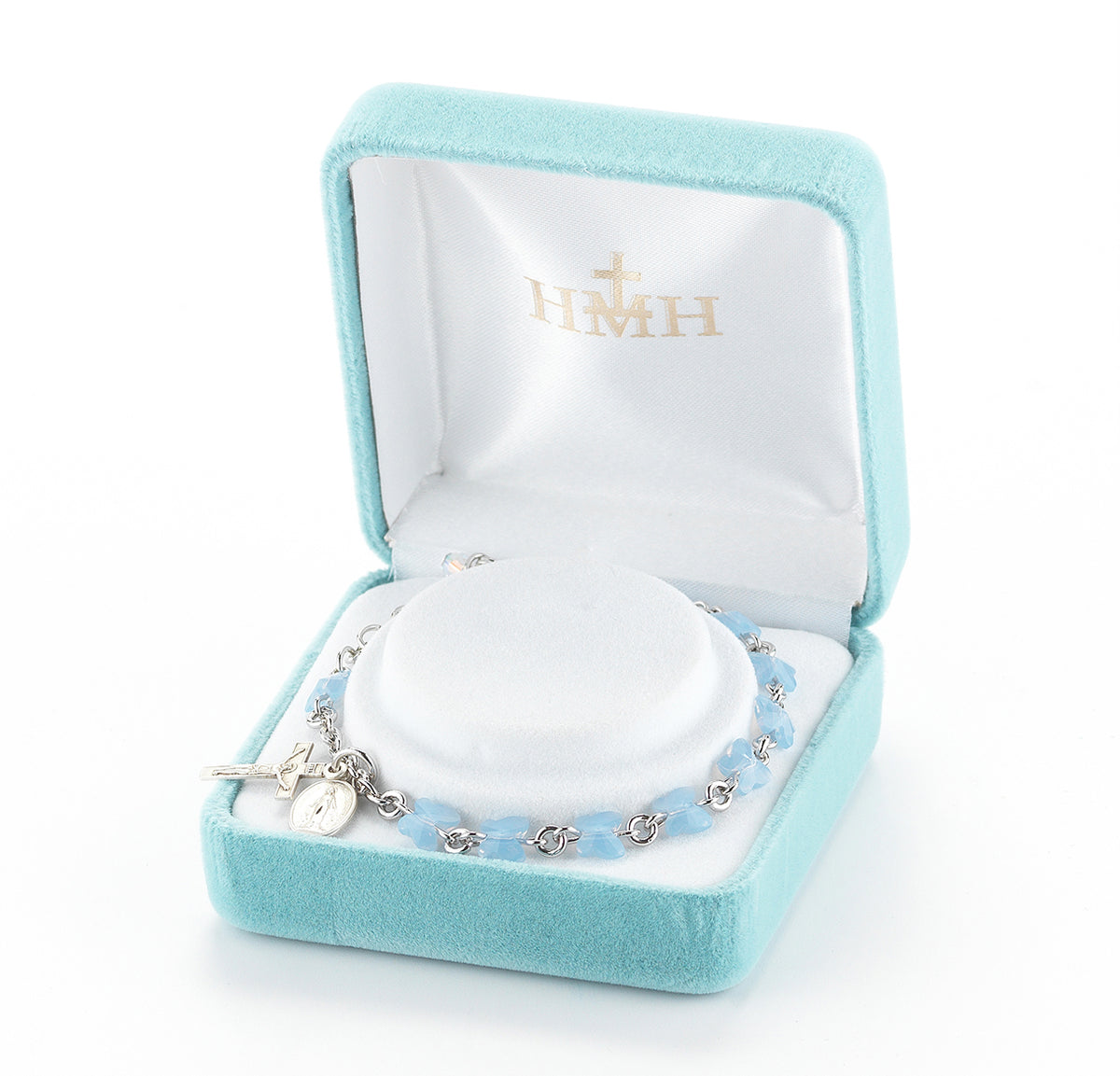 6mm Blue Opal Swarovski Crystal Butterfly Rosary Bracelet, Sterling Silver