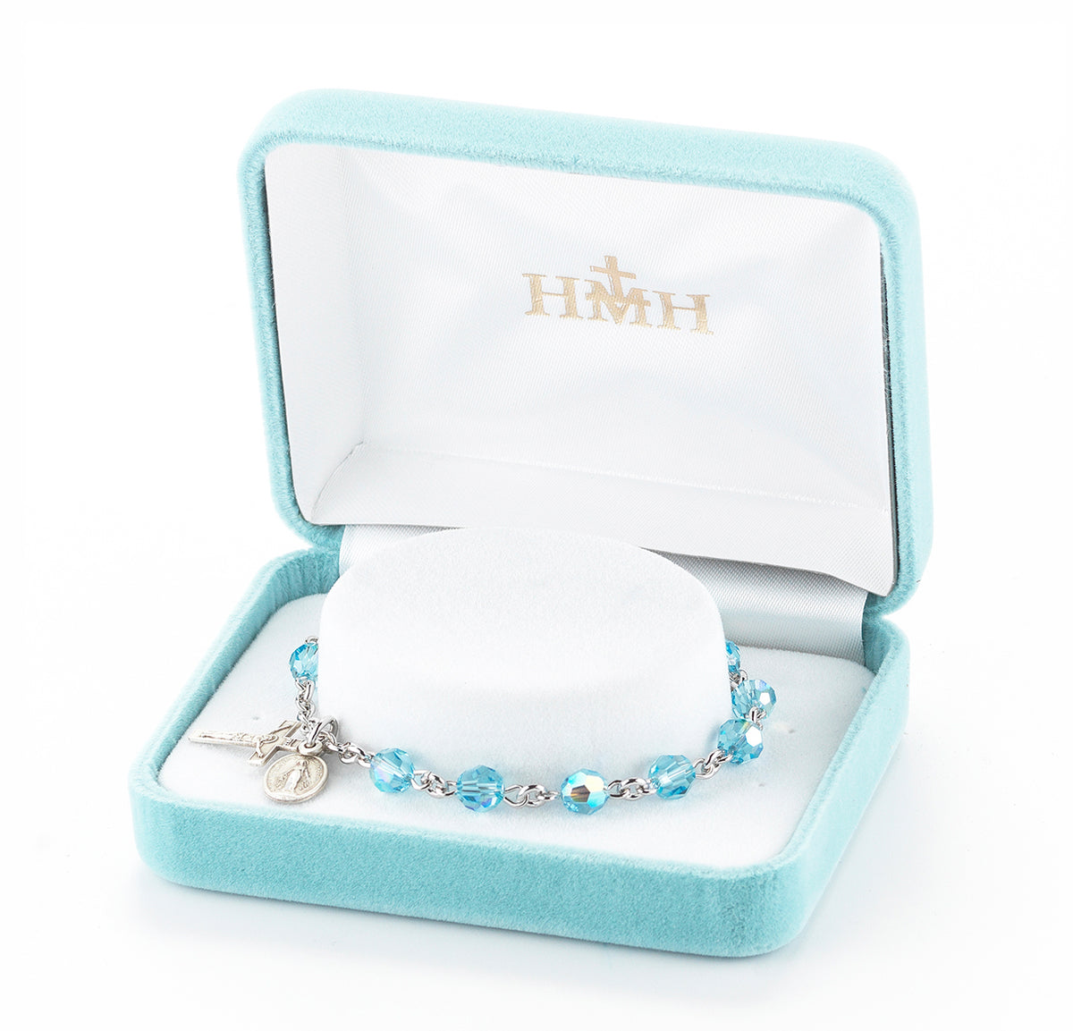 6mm Aqua Swarovski Crystal Round Rosary Bracelet, Sterling Silver