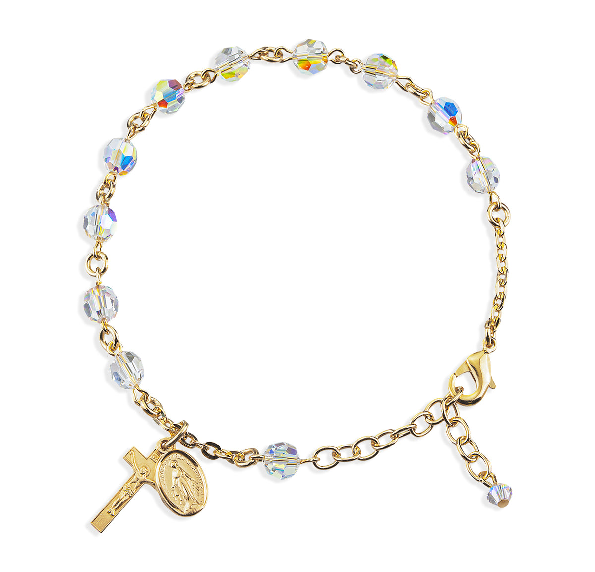 6mm Aurora Borealis Swarovski Crystal Round Rosary Bracelet, Gold Over Sterling Silver