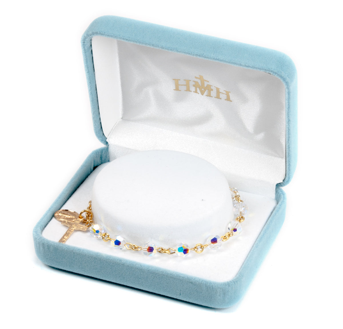 6mm Aurora Borealis Swarovski Crystal Round Rosary Bracelet, Gold Over Sterling Silver