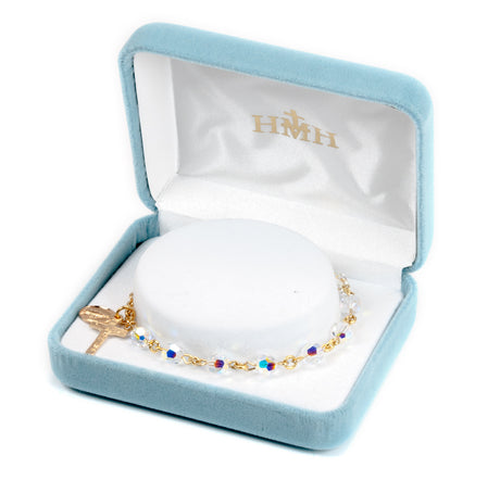 6mm Aurora Borealis Swarovski Crystal Round Rosary Bracelet, Gold Over Sterling Silver