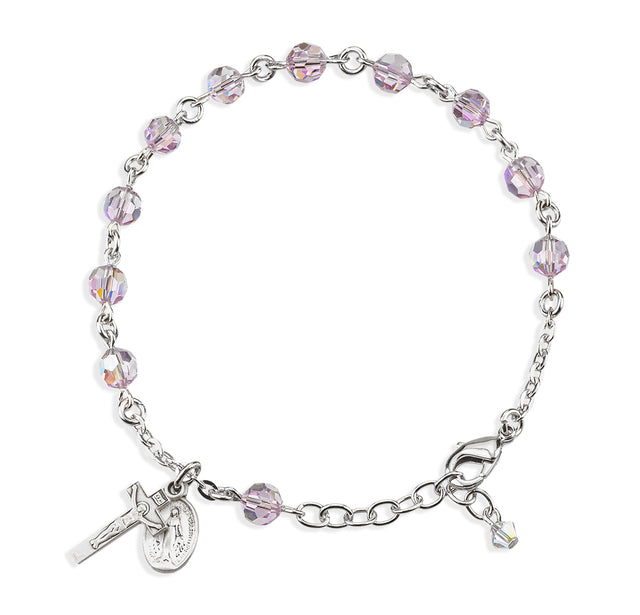 6mm Light Amethyst Swarovski Crystal Round Rosary Bracelet, Sterling Silver