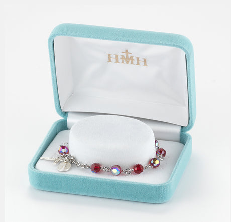 6mm Ruby Swarovski Crystal Round Rosary Bracelet, Sterling Silver