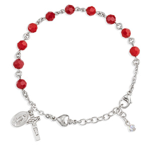 6mm Coral Swarovski Crystal Round Rosary Bracelet, Sterling Silver