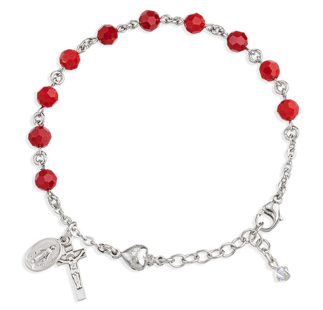 6mm Coral Swarovski Crystal Round Rosary Bracelet, Sterling Silver