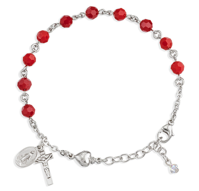 6mm Coral Swarovski Crystal Round Rosary Bracelet, Sterling Silver