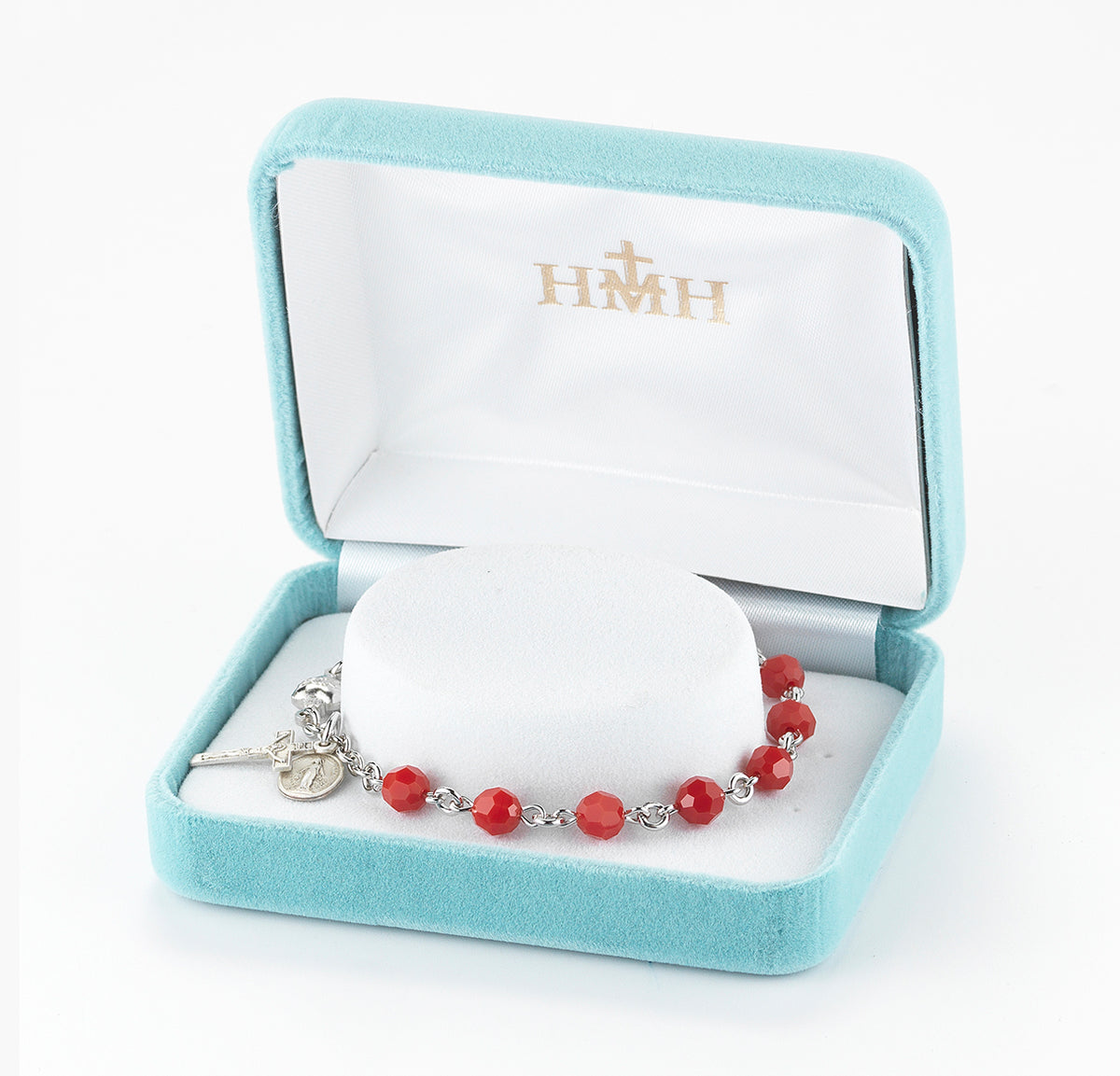 6mm Coral Swarovski Crystal Round Rosary Bracelet, Sterling Silver