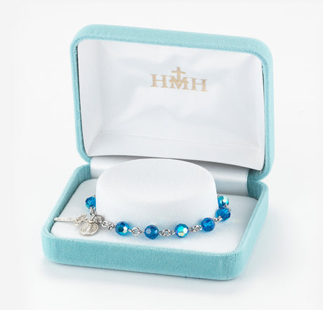 6mm Sapphire Swarovski Crystal Round Rosary Bracelet, Sterling Silver