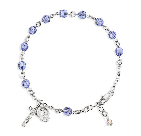 6mm Tanzanite Swarovski Crystal Round Rosary Bracelet, Sterling Silver