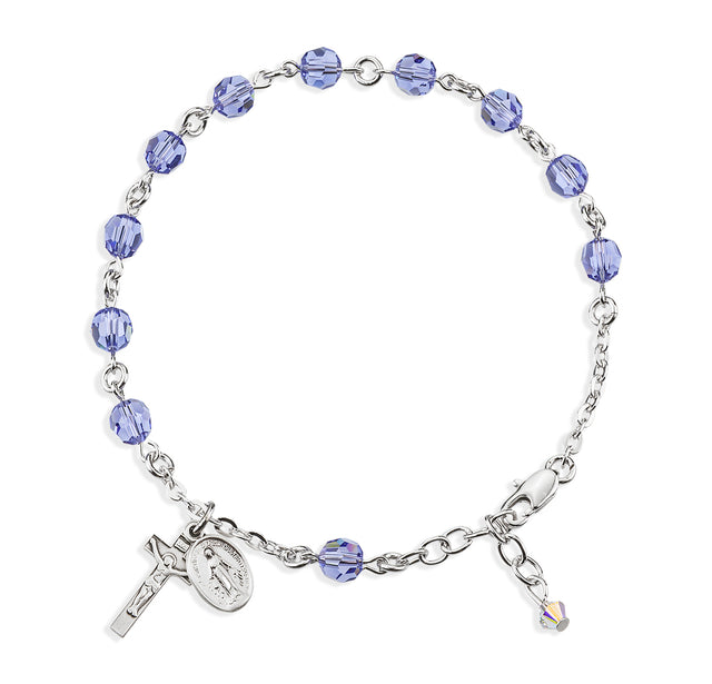 6mm Tanzanite Swarovski Crystal Round Rosary Bracelet, Sterling Silver