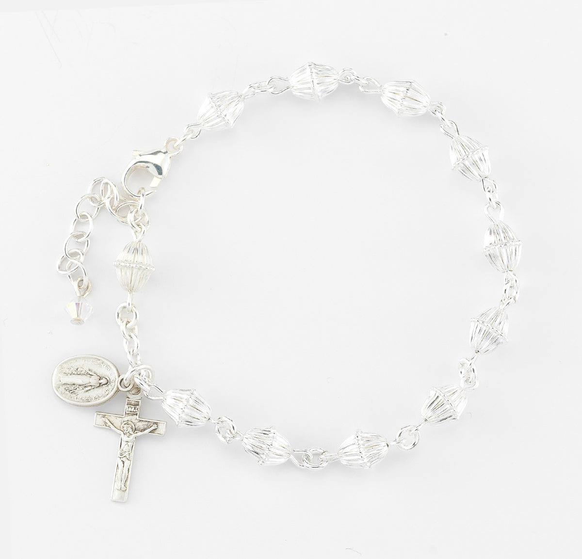 Bicone Corrugated Bead Rosary Bracelet, Sterling Silver