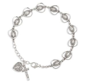 Pierced Miraculous Medal Heart Bead Rosary Bracelet, Sterling Silver
