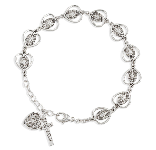 Pierced Miraculous Medal Heart Bead Rosary Bracelet, Sterling Silver