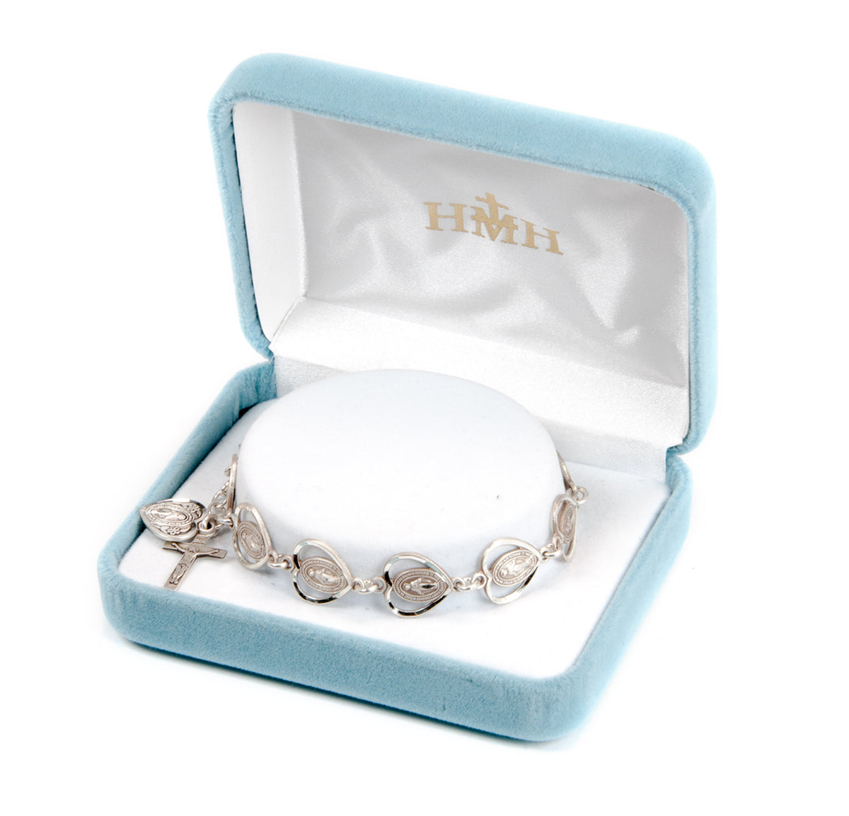 Pierced Miraculous Medal Heart Bead Rosary Bracelet, Sterling Silver