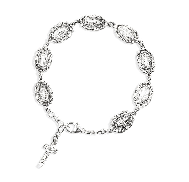 Ornate Miraculous Medal Link Bracelet, Sterling Silver