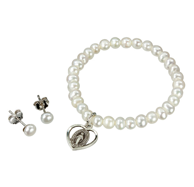Girls Freshwater Pearl Miraculous Heart Bracelet and Earring Set