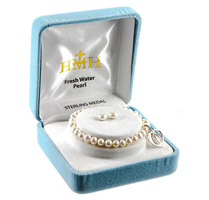 Girls Freshwater Pearl Miraculous Heart Bracelet and Earring Set