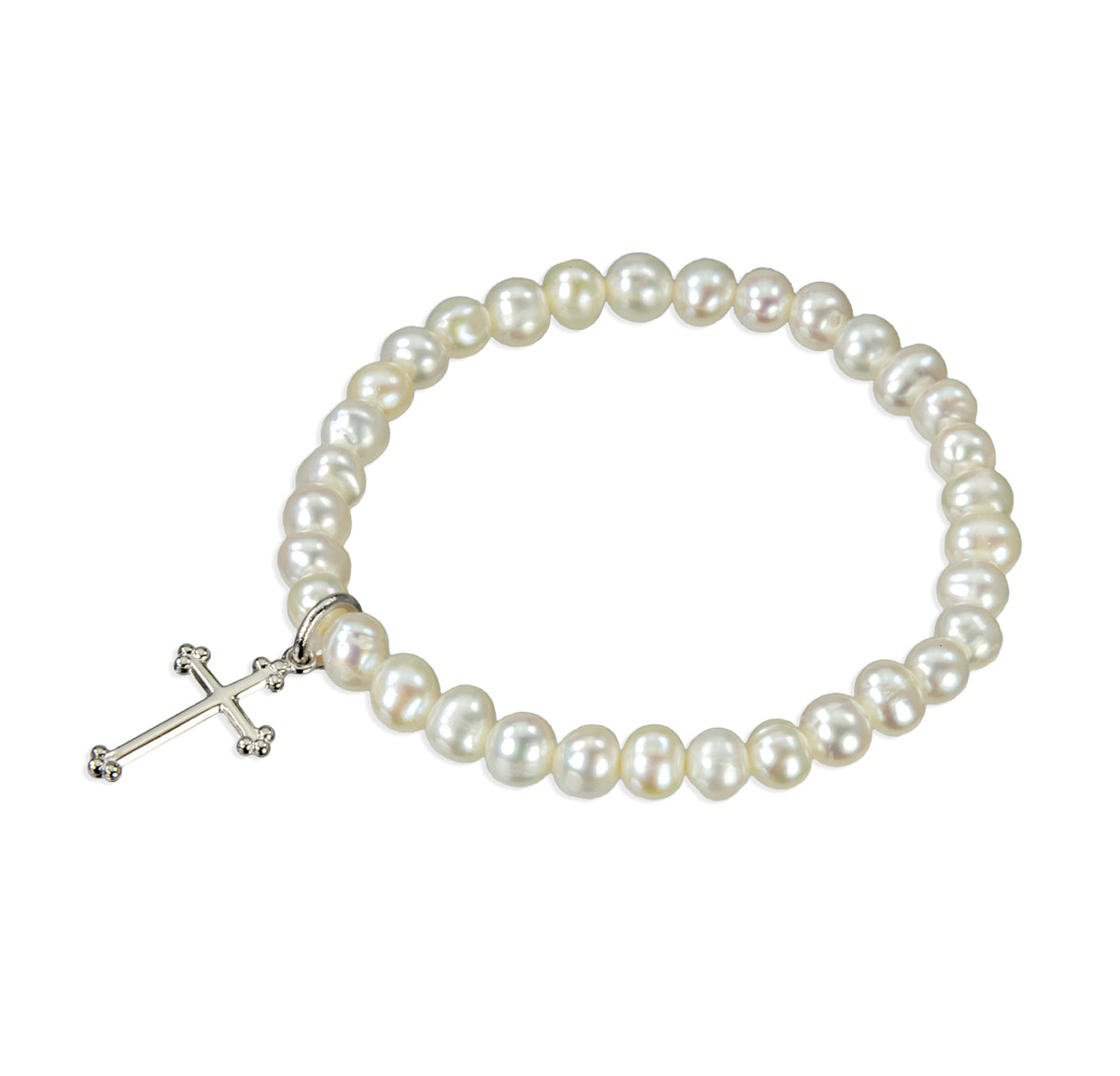 Girls Freshwater Pearl Stretch Bracelet with Sterling Silver Cross