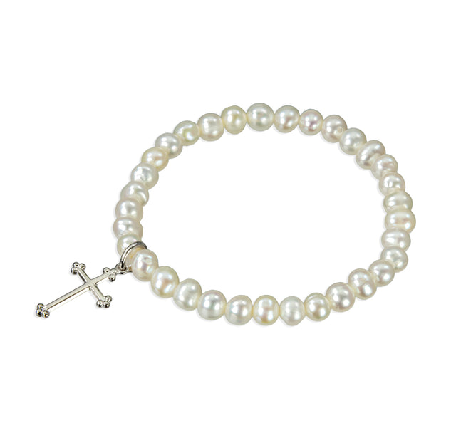 Girls Freshwater Pearl Stretch Bracelet with Sterling Silver Cross