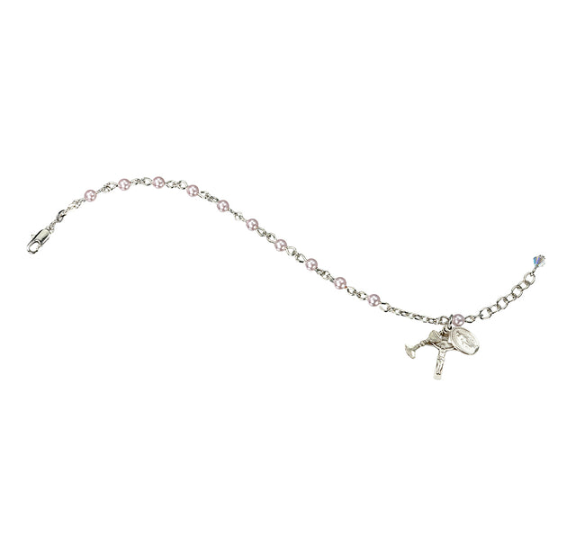First Communion Rosary Bracelet, 4mm Pink Swarovski Crystal Pearl, Sterling Silver Chalice