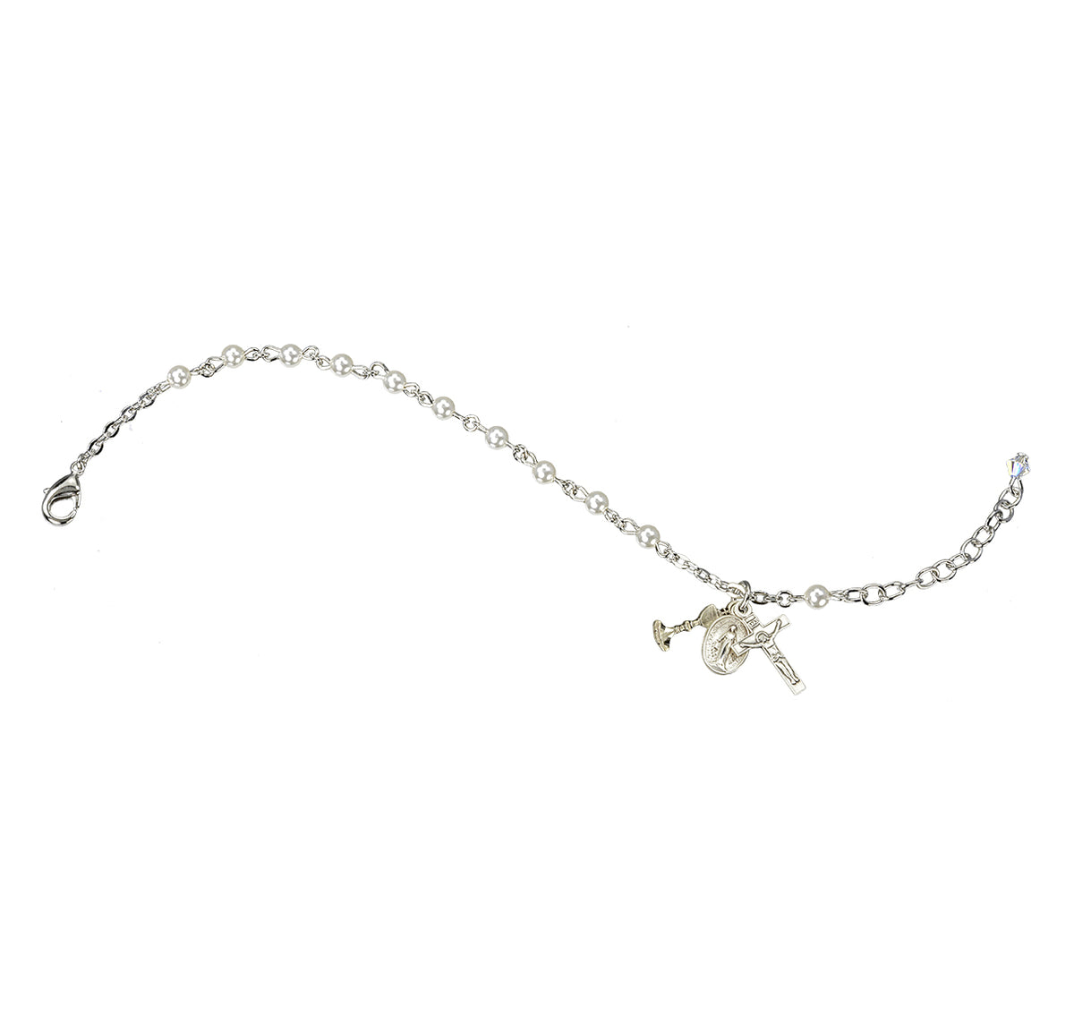 First Communion Rosary Bracelet, 4mm White Swarovski Crystal Pearl, Sterling Silver Chalice