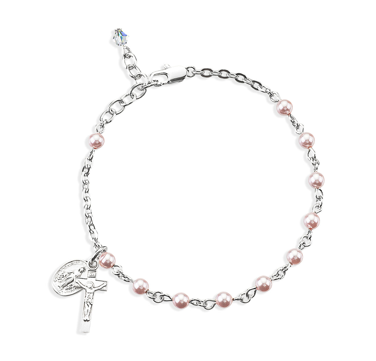 4mm Pink Swarovski Crystal Imitation Pearl Rosary Bracelet, Sterling Silver Medal and Crucifix