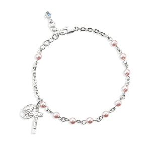 4mm Pink Swarovski Crystal Imitation Pearl Rosary Bracelet, Sterling Silver Medal and Crucifix