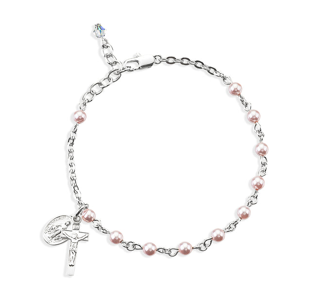 4mm Pink Swarovski Crystal Imitation Pearl Rosary Bracelet, Sterling Silver Medal and Crucifix