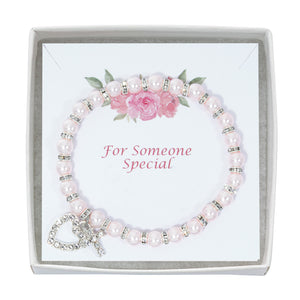 Pearl Stretch Bracelet with Crystal Cross and Heart