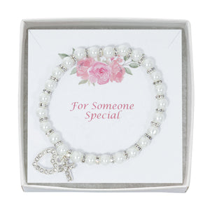Pearl Stretch Bracelet with Crystal Cross and Heart