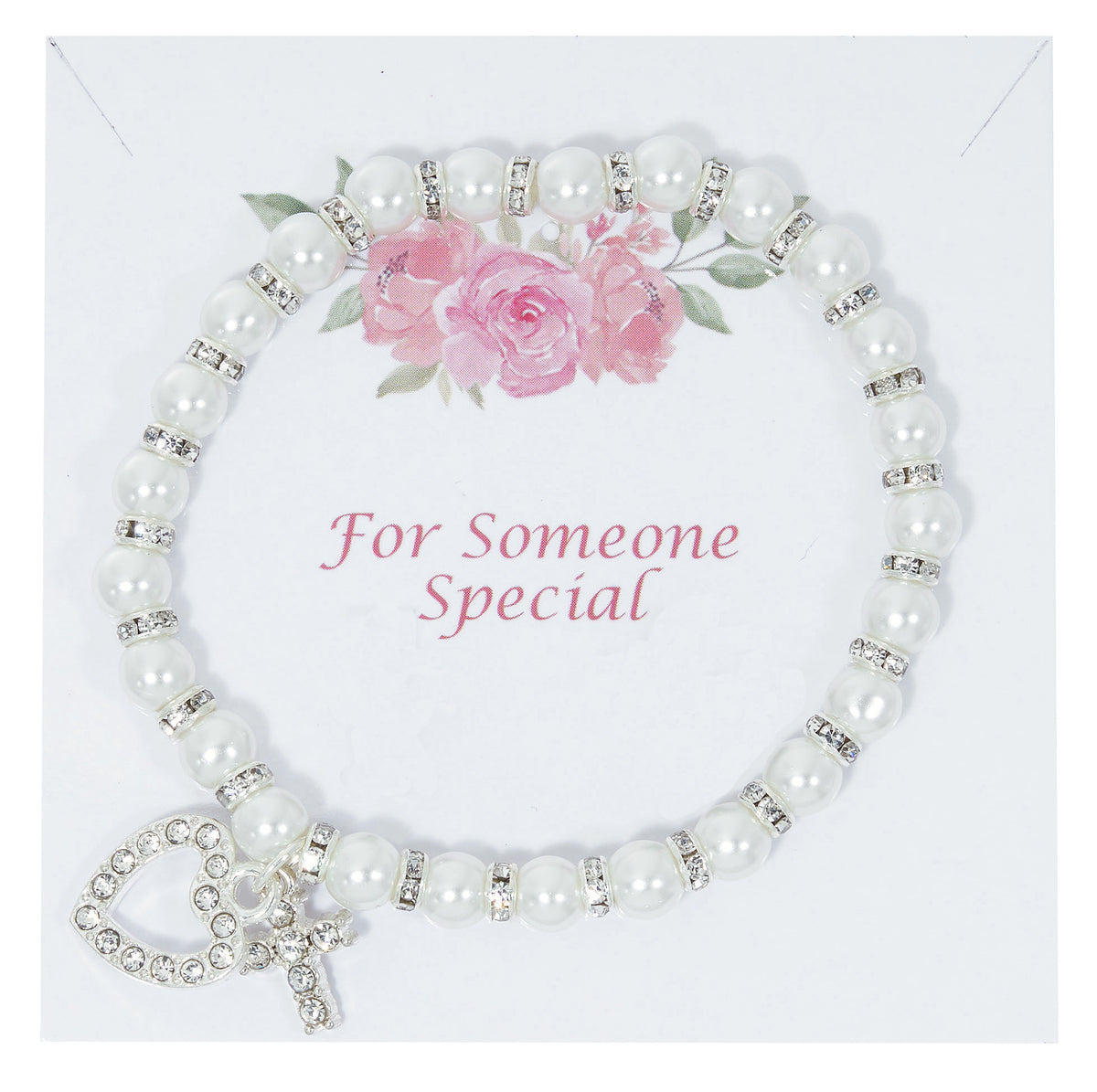Pearl Stretch Bracelet with Crystal Cross and Heart
