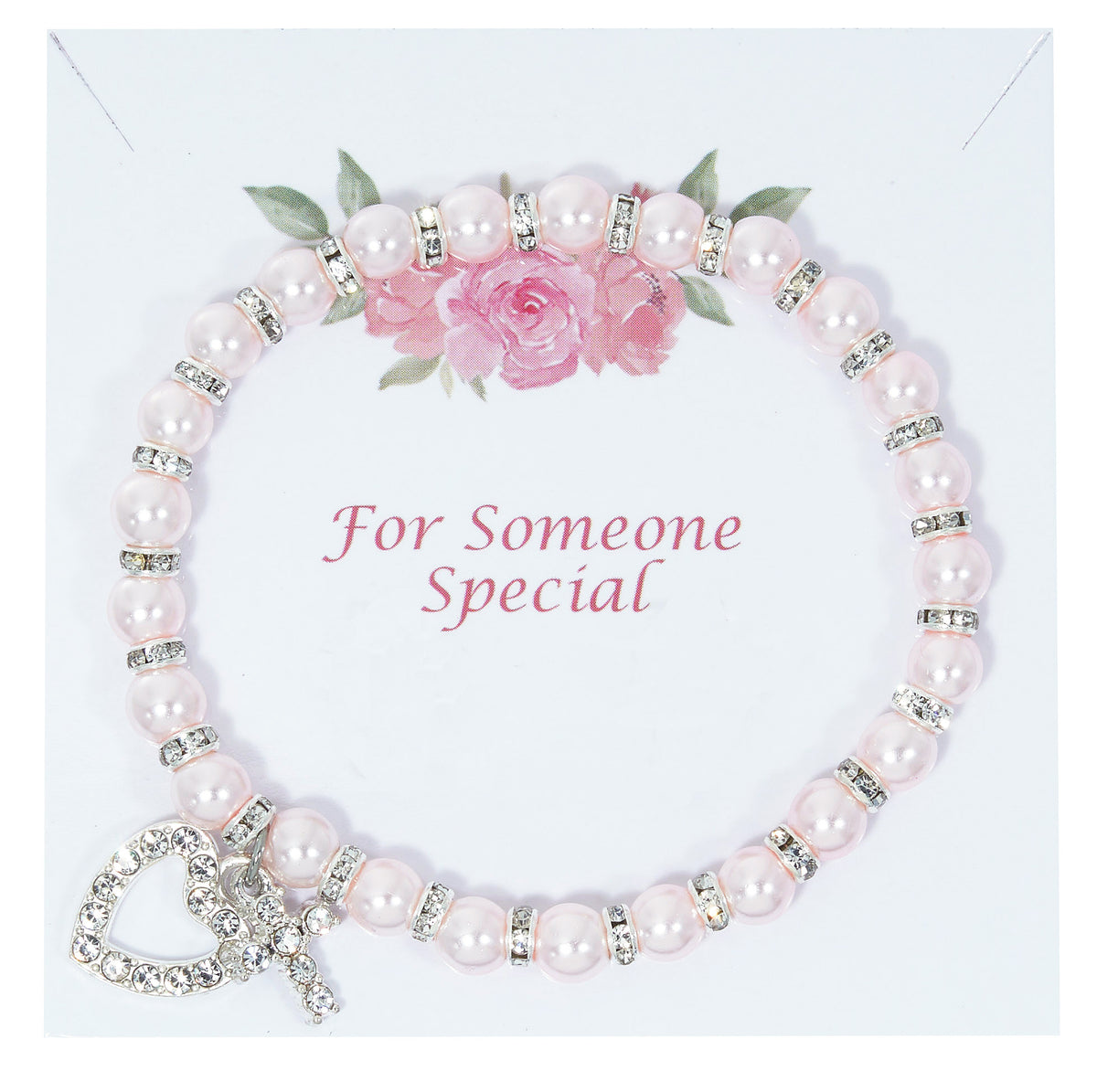 Pearl Stretch Bracelet with Crystal Cross and Heart