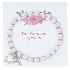 Pearl Stretch Bracelet with Crystal Cross and Heart