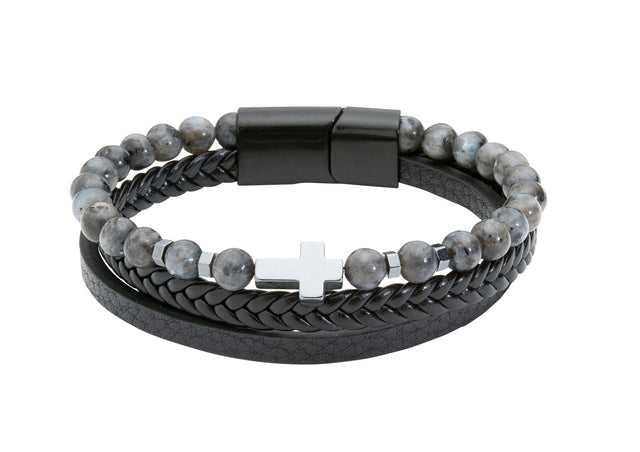 Men's Leather Gemstone Cross Bracelet