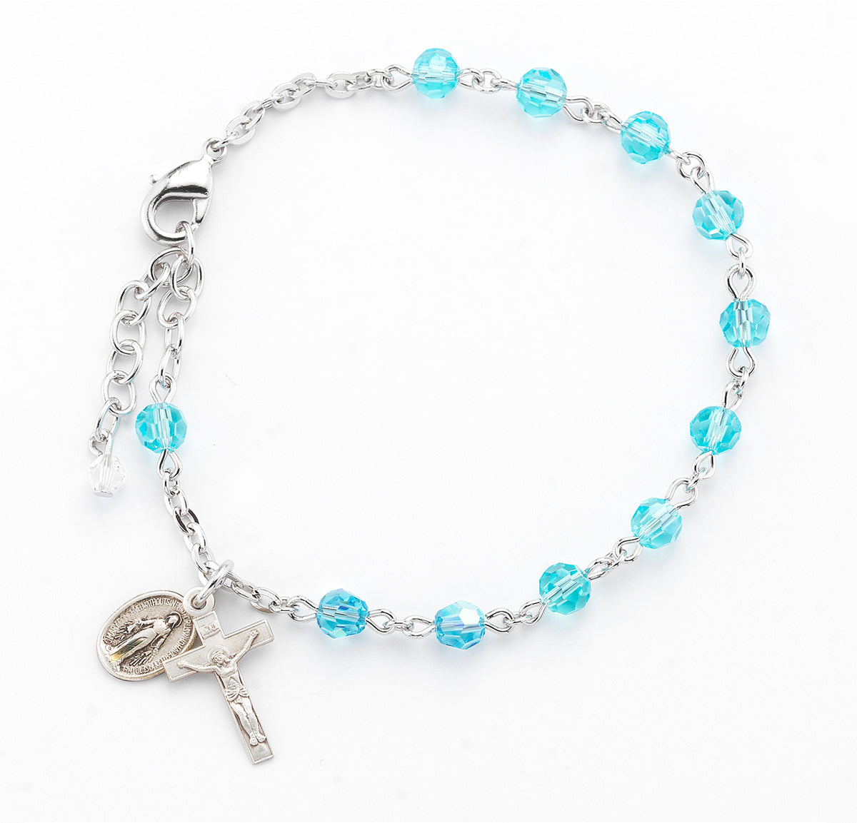 5mm Aqua Faceted Crystal Rosary Bracelet, Sterling Silver Medal and Crucifix
