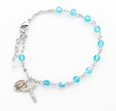 5mm Aqua Faceted Crystal Rosary Bracelet, Sterling Silver Medal and Crucifix