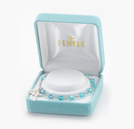5mm Aqua Faceted Crystal Rosary Bracelet, Sterling Silver Medal and Crucifix