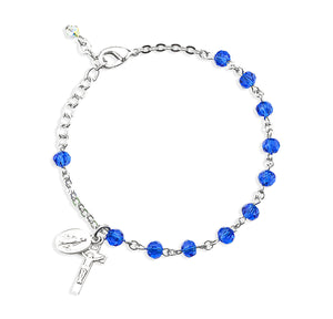 5mm Caribbean Blue Faceted Crystal Rosary Bracelet, Sterling Silver Medal and Crucifix