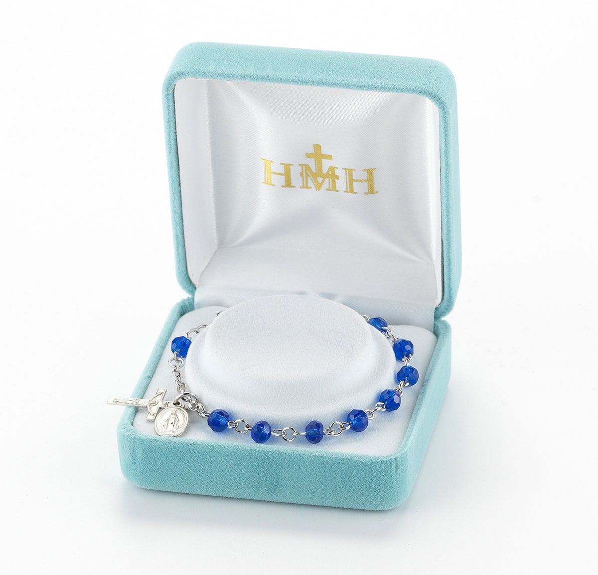 5mm Caribbean Blue Faceted Crystal Rosary Bracelet, Sterling Silver Medal and Crucifix