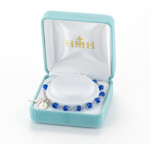 5mm Caribbean Blue Faceted Crystal Rosary Bracelet, Sterling Silver Medal and Crucifix